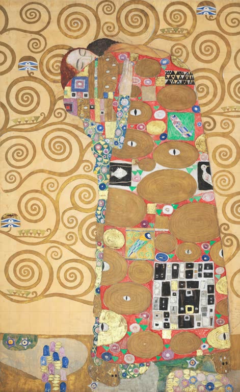 Kunstdruck von „Erfüllung“ von Gustav Klimt mit kunstvoller Ornamentik und charakteristischer Jugendstil-Ästhetik. In Deutschland von Hand gefertigt, als Leinwand oder Poster erhältlich.