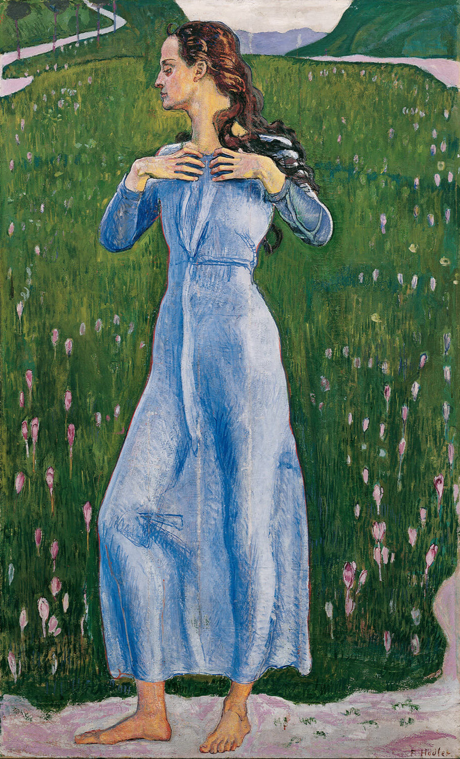 Ein romantisches Gemälde von Ferdinand Hodler, das eine Figur zeigt, die in tiefer Andacht auf eine weite, nebelverhangene Landschaft blickt. Die ruhige Szene wird durch die beeindruckende Darstellung von Licht, Schatten und Natur geprägt.