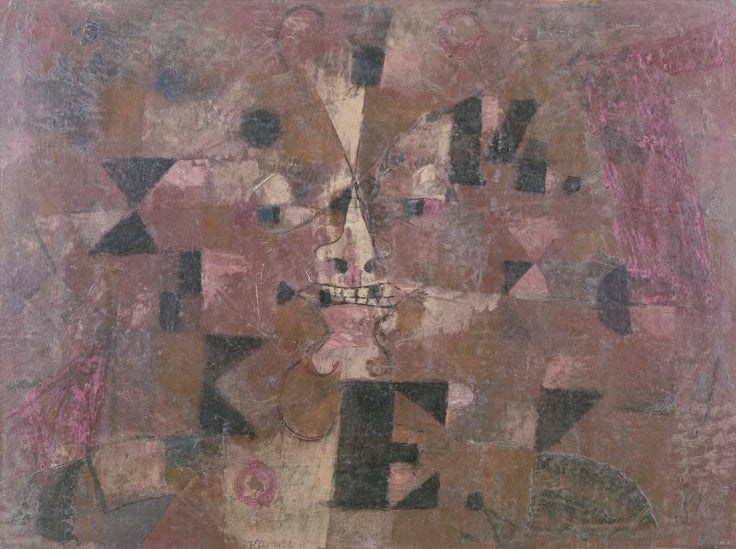 Kunstdruck des Gemäldes „Erscheinung Emils XIV.“ von Paul Klee – hochwertige Reproduktion eines abstrakten Kunstwerks mit fantasievoller Formsprache.