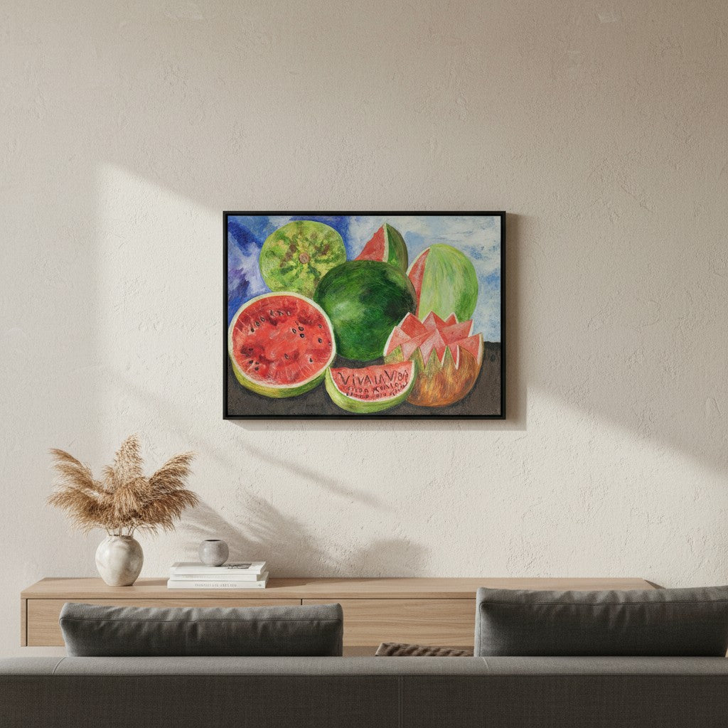 Es lebe das Leben / Viva la Vida von Frida Kahlo an der Wand hängend auf Leinwand in einem Schattenfugenrahmen als Kunstdruck