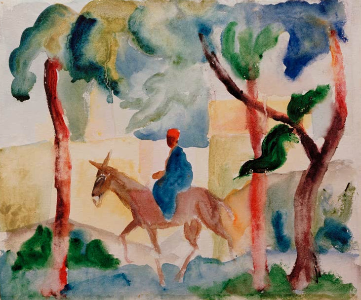 Kunstdruck des Gemäldes „Eselsreiter“ von August Macke. Hochwertig in Deutschland von Hand gefertigt, erhältlich als Leinwand oder Poster und optional gerahmt.