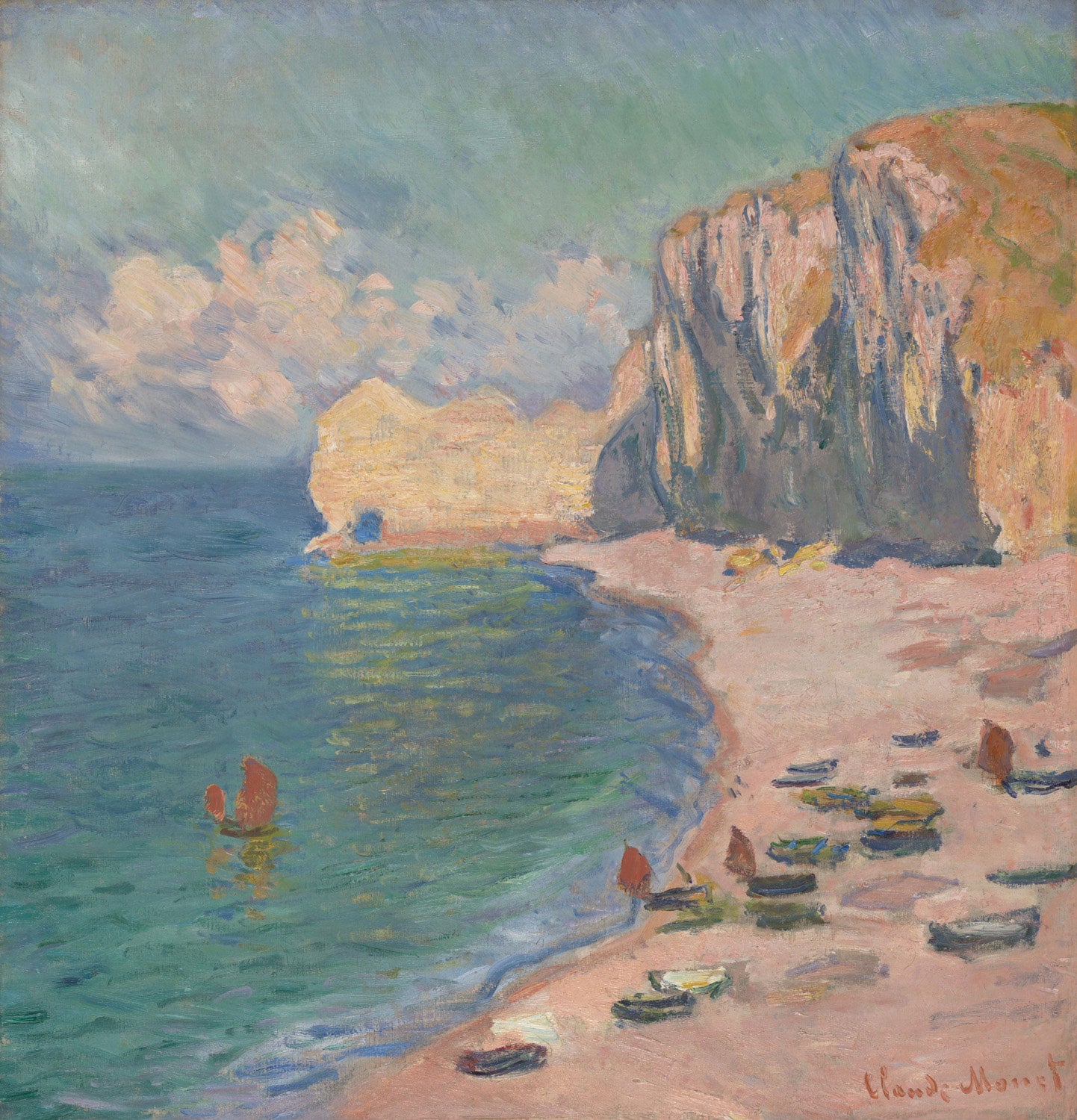 Impressionistisches Gemälde von Claude Monet mit einer Küstenszene in Étretat: Sandstrand mit kleinen Booten, grün-blaues Meer und die majestätischen Falaise d’Amont-Klippen unter einem leicht bewölkten Himmel.