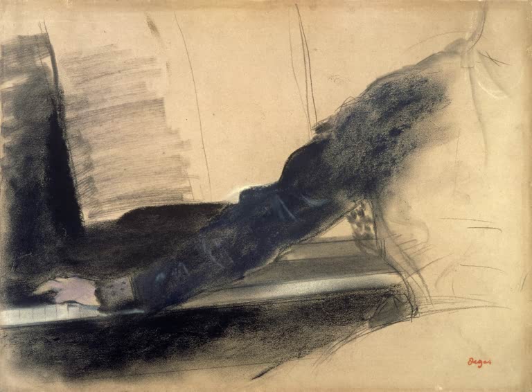 Kunstdruck der Studie Etude pour la main droite de Madame Camus au piano von Edgar Degas mit einer Detailstudie der rechten Hand einer Pianistin.