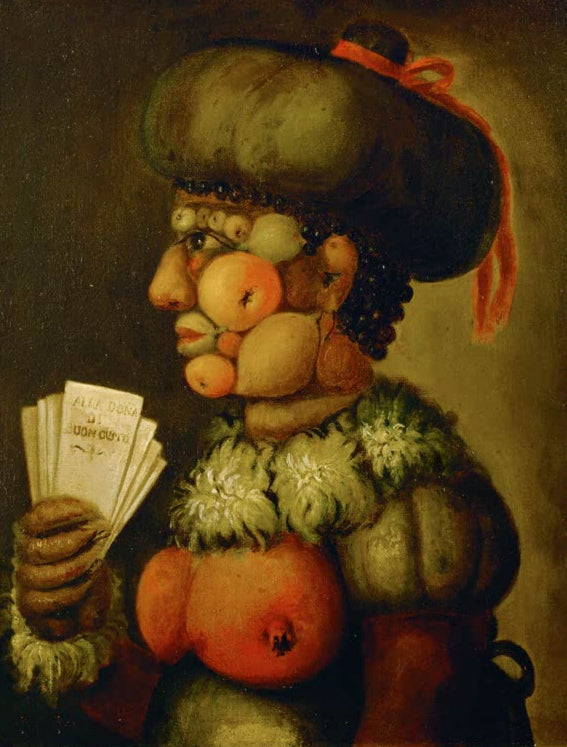 Kunstdruck „Für die Frau mit gutem Geschmack“ von Giuseppe Arcimboldo mit einer fantasievollen, allegorischen Figurenkomposition