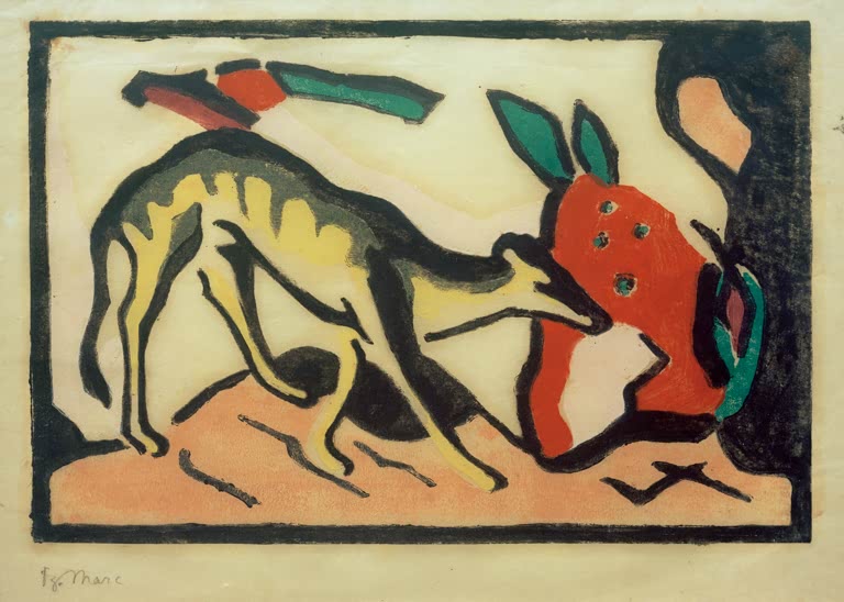 Kunstdruck des Gemäldes „Fabeltier“ von Franz Marc. Hochwertig in Deutschland von Hand gefertigt, erhältlich als Poster oder Leinwand und optional gerahmt.