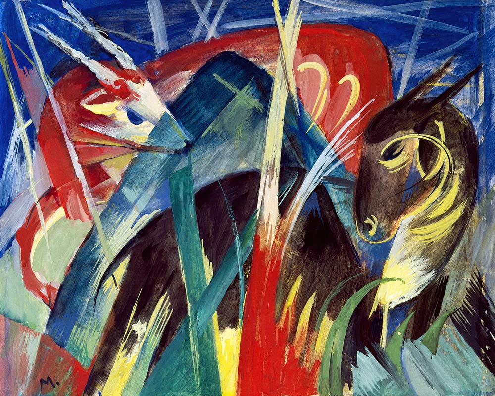 „Fabeltiere I (Tierkomposition I)“ von Franz Marc als hochwertiger Kunstdruck – abstrakte Tierkomposition im expressionistischen Stil, erhältlich als Leinwand oder Poster, handgefertigt in Deutschland