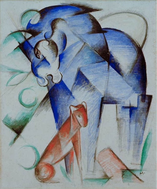 Kunstdruck des Gemäldes „Fabeltiere (Pferd und Hund)“ von Franz Marc. Hochwertig in Deutschland von Hand gefertigt, erhältlich als Poster oder Leinwand und optional gerahmt.