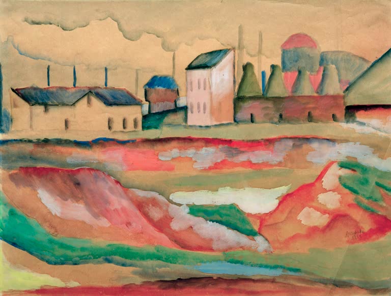 Kunstdruck des Gemäldes „Fabrik (Ziegelei)“ von August Macke. Hochwertig in Deutschland von Hand gefertigt, erhältlich als Poster oder Leinwand und optional gerahmt.