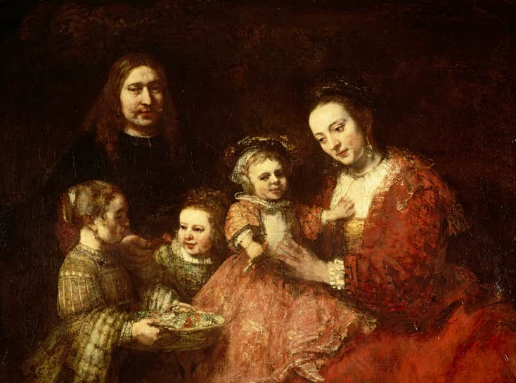 Kunstdruck von Rembrandts Gemälde „Familienbildnis“ mit einer detailreichen Darstellung einer Familie.