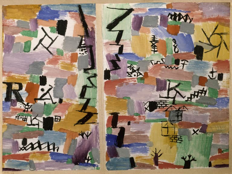 Kunstdruck „Farbig gebaut mit schwarz-graphischem Gegenständlichem“ von Paul Klee, handgefertigt in Deutschland