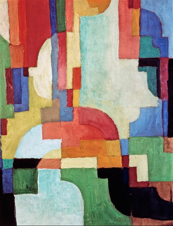 Kunstdruck des Gemäldes „Farbige Formen I“ von August Macke. Hochwertig in Deutschland von Hand gefertigt, erhältlich als Poster oder Leinwand und optional gerahmt.