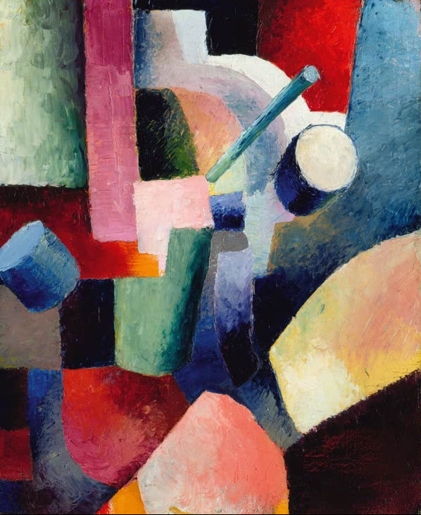 Kunstdruck des Gemäldes „Farbige Formenkomposition“ von August Macke. Hochwertig in Deutschland von Hand gefertigt, erhältlich als Leinwand oder Poster sowie optional gerahmt.