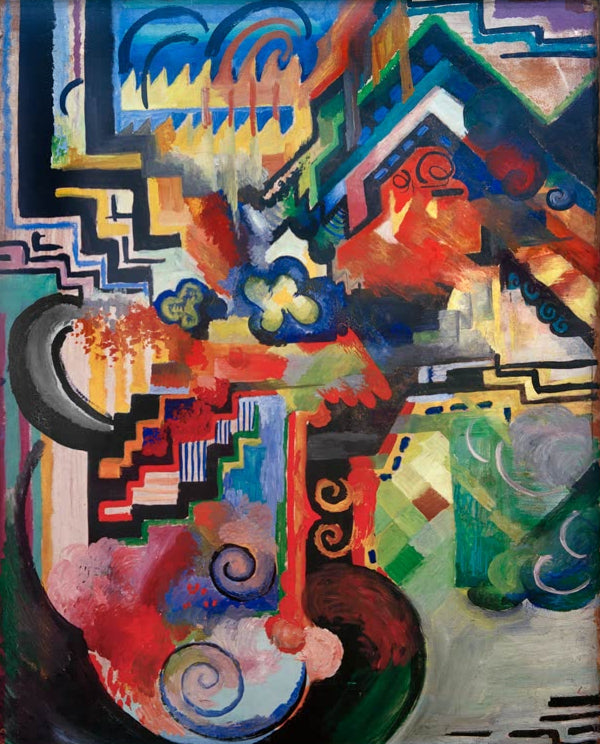 Kunstdruck des Werks „Farbige Komposition (Hommage à J. S. Bach)“ von August Macke. Hochwertig in Deutschland von Hand gefertigt, erhältlich als Poster oder Leinwand und optional gerahmt.