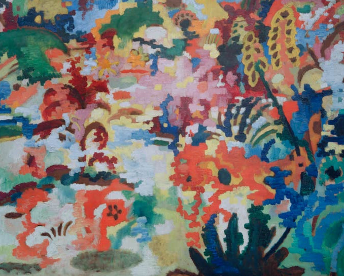 Kunstdruck des Werks „Farbige Komposition II: Großer Blumenteppich“ von August Macke. Hochwertig in Deutschland von Hand gefertigt, erhältlich als Poster oder Leinwand und optional gerahmt.