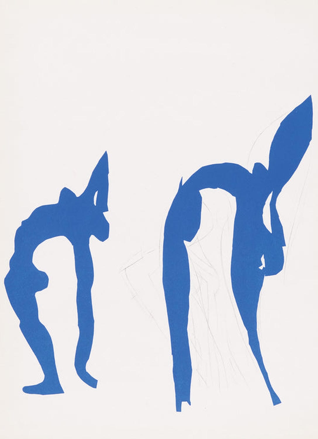Farblithografie "Acrobates" von Henri Matisse mit zwei blauen abstrakten Figuren in akrobatischer Bewegung, aus dem Konvolut von acht Farblithografien (1958).