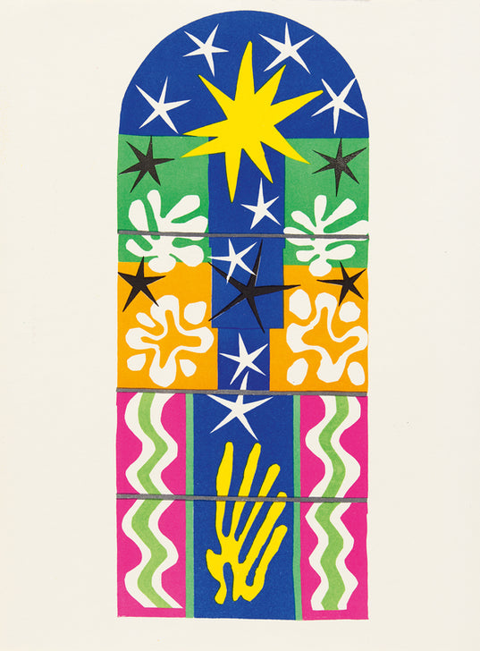 Farblithografie "Nuit de Noël" von Henri Matisse mit bunten abstrakten Formen auf dunklem Hintergrund, Teil des Konvoluts von acht Farblithografien aus dem Jahr 1958.