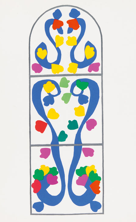 Farblithografie "Vigne" von Henri Matisse: Ornamentale Komposition mit geschwungenen blauen Linien und bunten Farbtupfern in Fensterform, inspiriert von Pflanzenranken.