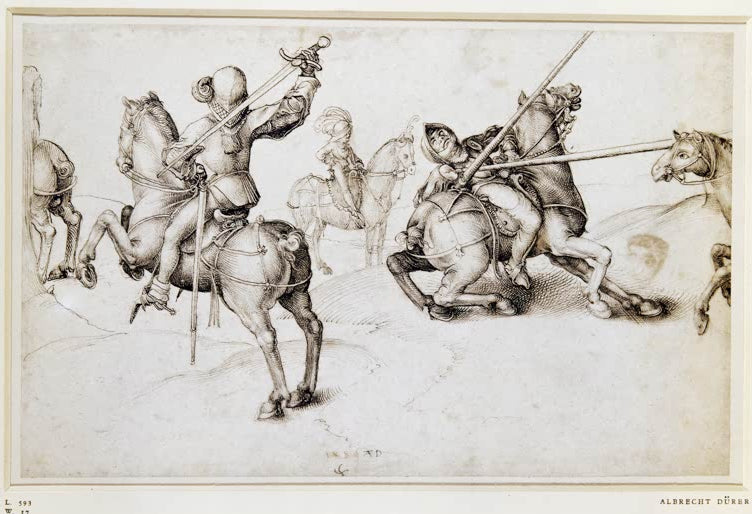 Kunstdruck des Gemäldes „Fechtende Reiter“ von Albrecht Dürer. Hochwertiger Fine-Art-Druck, in Deutschland per Hand gefertigt, auf Leinwand oder als Poster erhältlich.