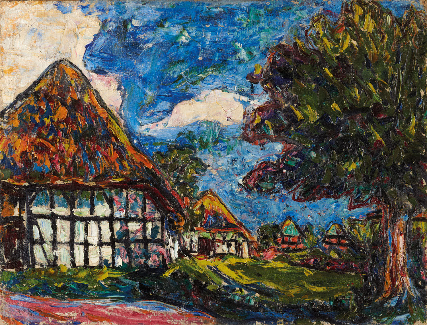 Kunstkopie des expressionistischen Gemäldes Fehmarn-Häuser von Ernst Ludwig Kirchner. Darstellung roter Dachhäuser auf der Insel Fehmarn mit lebendigen Farben und dynamischen Pinselstrichen.