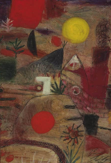Kunstdruck „Feier und Untergang“ von Paul Klee mit abstrakter Komposition und kontrastreichen Formen

