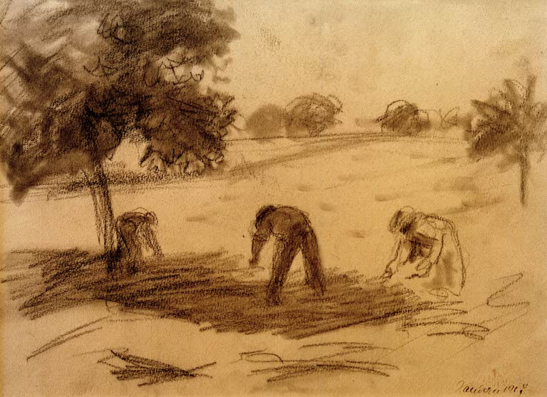 Kunstdruck des Gemäldes „Feldarbeit“ von August Macke. Hochwertig in Deutschland von Hand gefertigt, erhältlich als Leinwand oder Poster und optional gerahmt.