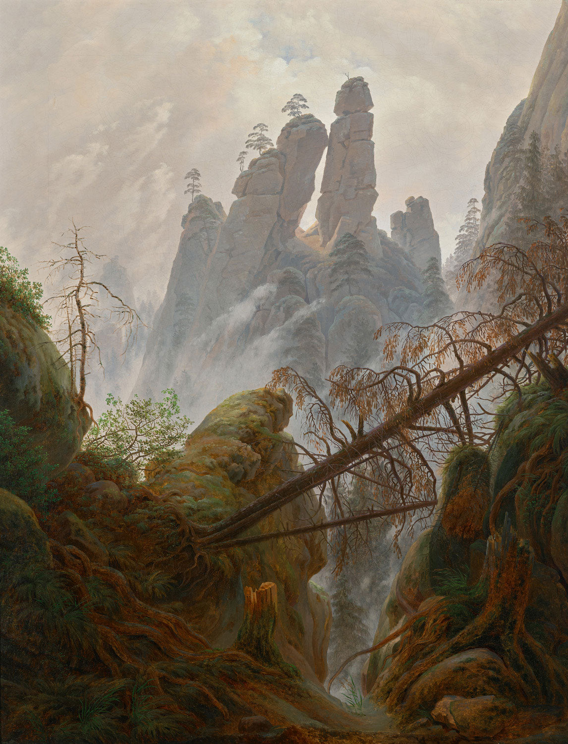 Romantisches Gemälde 'Felsenlandschaft im Elbsandsteingebirge' von Caspar David Friedrich, das eine dramatische Felsenlandschaft mit weiten Ausblicken auf die Natur zeigt.