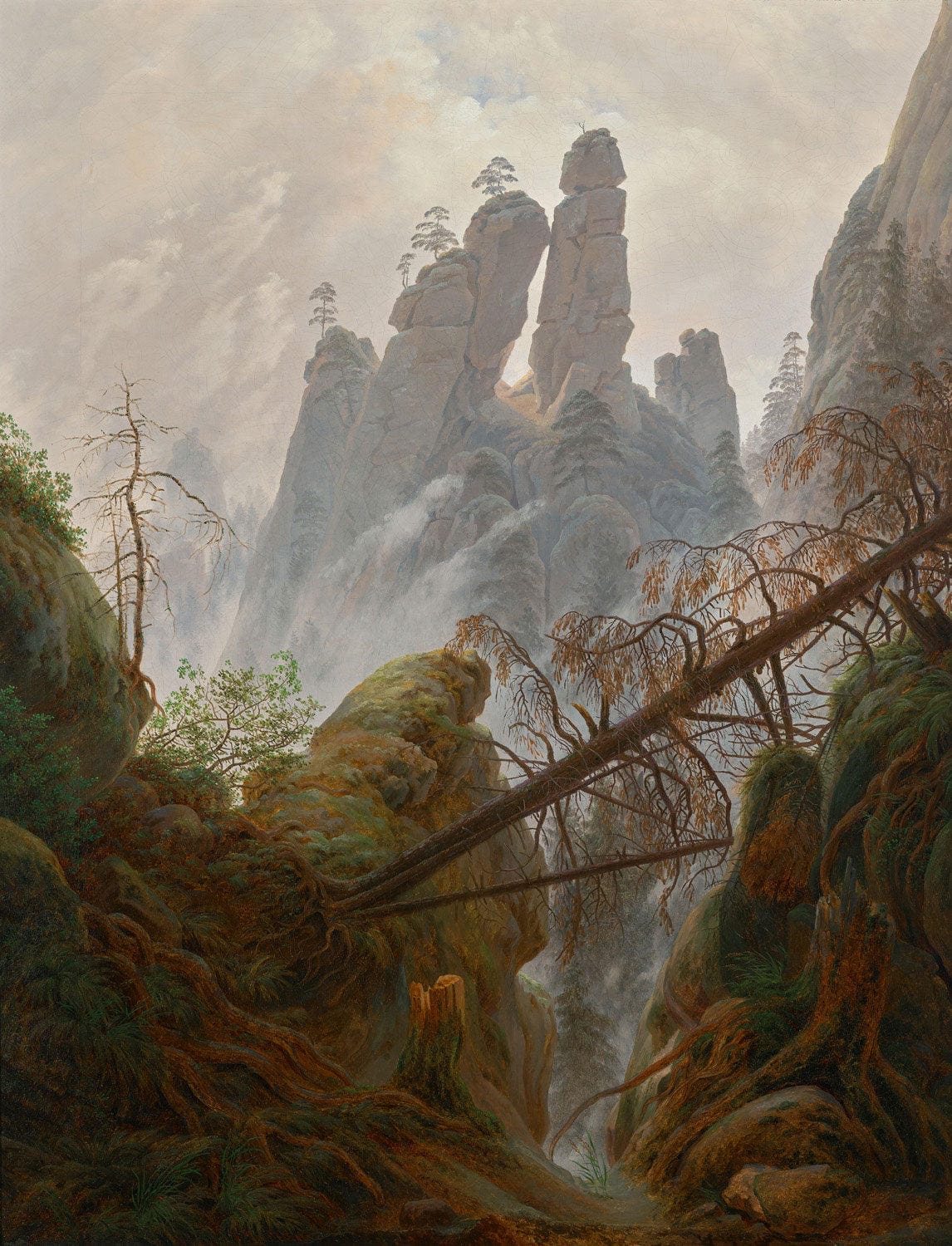 Romantisches Gemälde 'Felsenlandschaft im Elbsandsteingebirge' von Caspar David Friedrich, das eine dramatische Felsenlandschaft mit weiten Ausblicken auf die Natur zeigt.