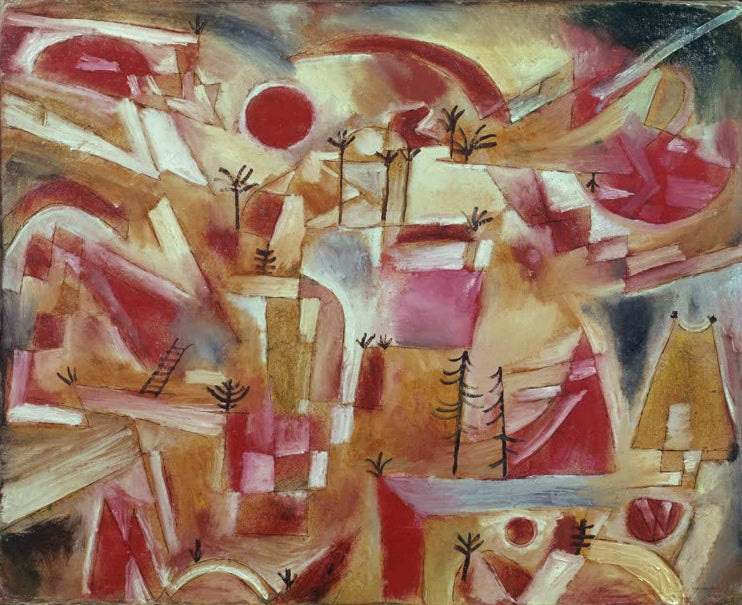 Kunstdruck von „Felsenlandschaft mit Palmen und Tannen“ von Paul Klee mit abstrakter Landschaft und stilisierten Pflanzenformen.