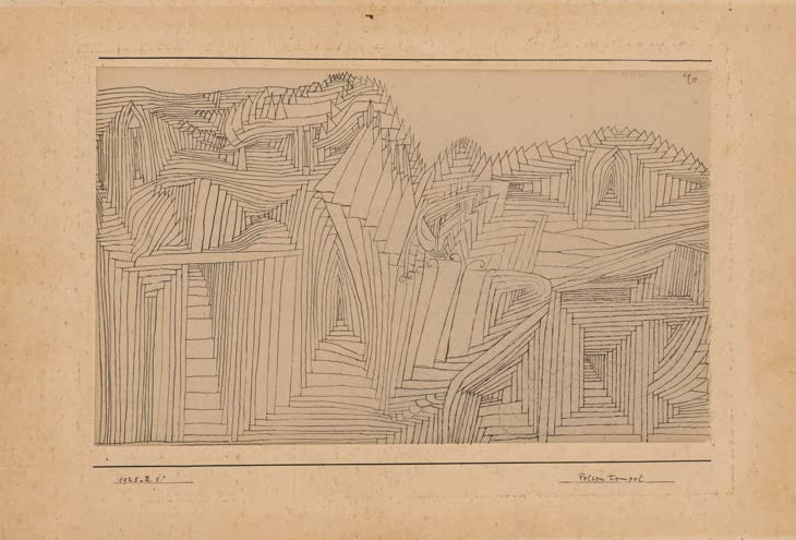 Kunstdruck von „Felsentempel“ von Paul Klee mit abstrakter Tempel- und Felslandschaft in harmonischer Farbgestaltung.