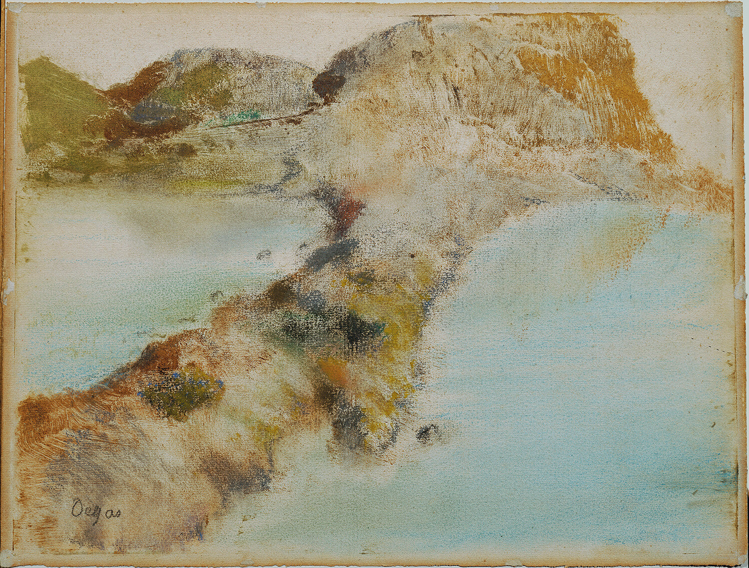 Eine impressionistische Darstellung einer felsigen Küstenlandschaft von Edgar Degas. Wellen treffen auf zerklüftete Felsen, während das Licht subtile Farbnuancen auf dem Wasser und den Steinen erzeugt. Dynamische Pinselstriche verleihen der Szene eine lebendige, natürliche Atmosphäre.