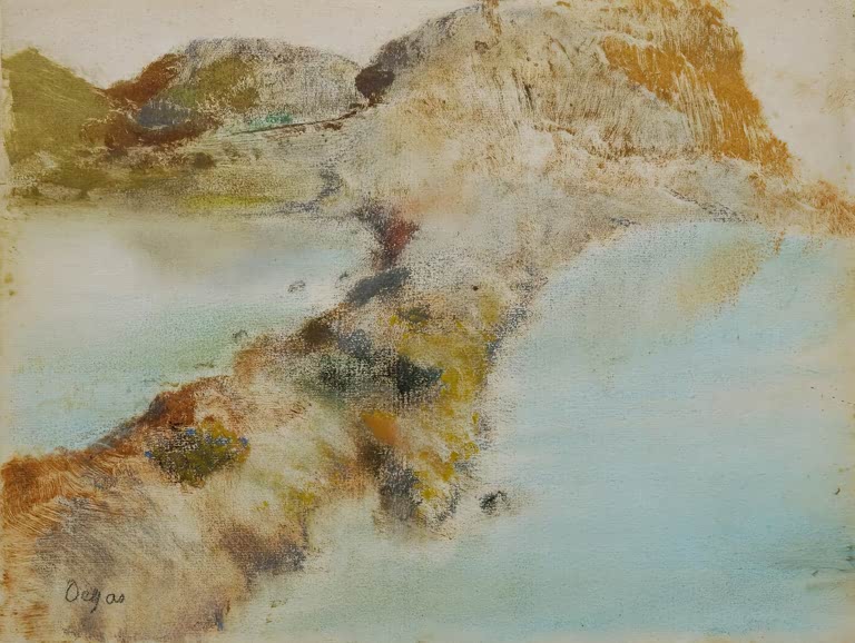 Kunstdruck des Gemäldes Felsige Küste von Edgar Degas mit einer rauen Küstenlandschaft mit Felsen und Meer.