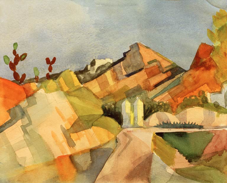 Kunstdruck des Gemäldes „Felsige Landschaft“ von August Macke. Hochwertig in Deutschland von Hand gefertigt, erhältlich als Poster oder Leinwand und optional gerahmt.