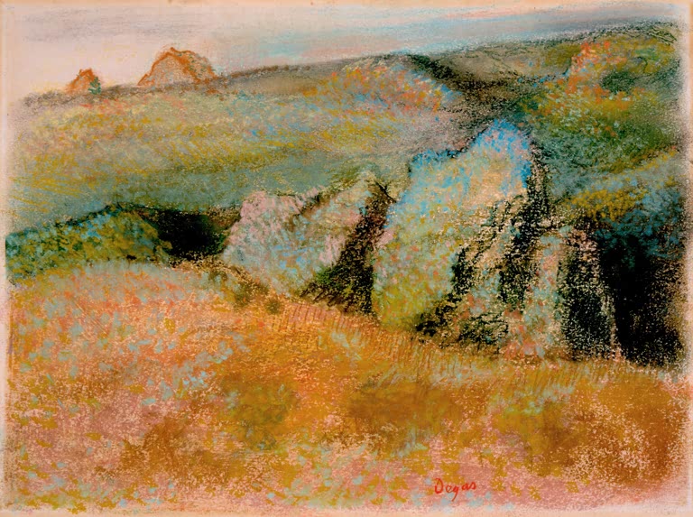 Kunstdruck des Gemäldes Felslandschaft von Edgar Degas mit einer natürlichen Landschaftsdarstellung mit Felsen.