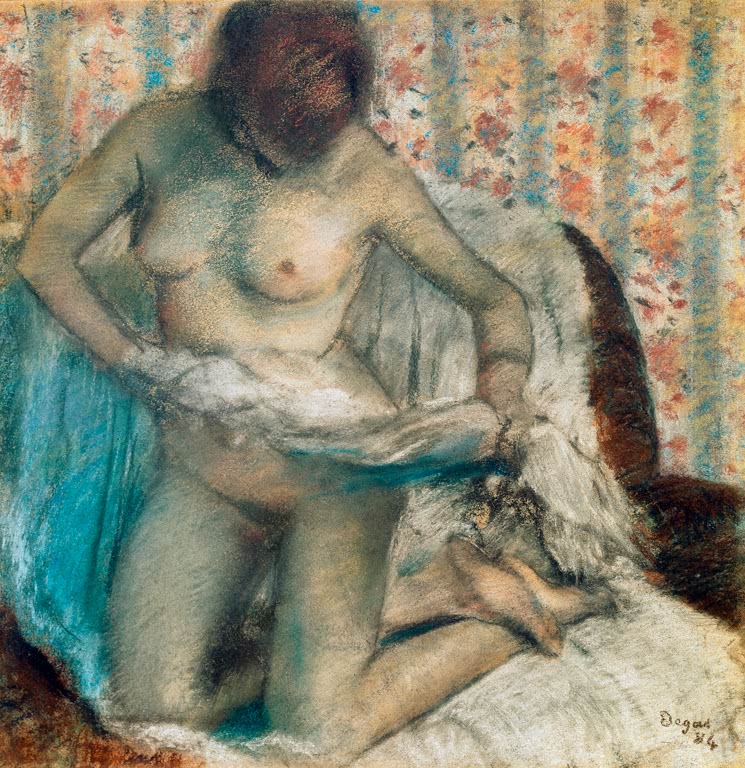 Kunstdruck von Femme dans son bain se lavant la jambe von Edgar Degas mit einer intimen Badeszene in charakteristischer impressionistischer Darstellung.