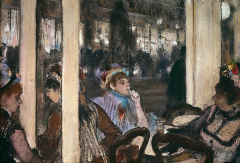 Kunstdruck des Gemäldes „Femmes à la terrasse d'un café le soir“ von Edgar Degas mit zwei Frauen auf einer Caféterrasse am Abend. Erhältlich als Poster oder Leinwand, auf Wunsch gerahmt.