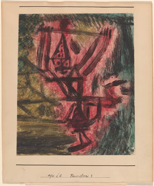 Kunstdruck „Feuer Clown I“ von Paul Klee mit abstrahierter Clownsfigur und feuriger Farbgestaltung