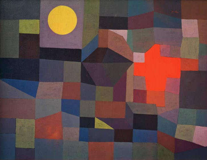 Kunstdruck des Gemäldes „Feuer bei Vollmond“ von Paul Klee – hochwertige Reproduktion eines farbintensiven Kunstwerks mit mystischer Atmosphäre.