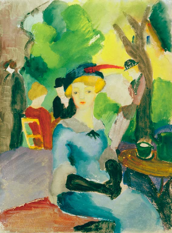 Kunstdruck des Gemäldes „Figuren im Park“ von August Macke. Hochwertig in Deutschland von Hand gefertigt, erhältlich als Leinwand oder Poster und optional gerahmt.