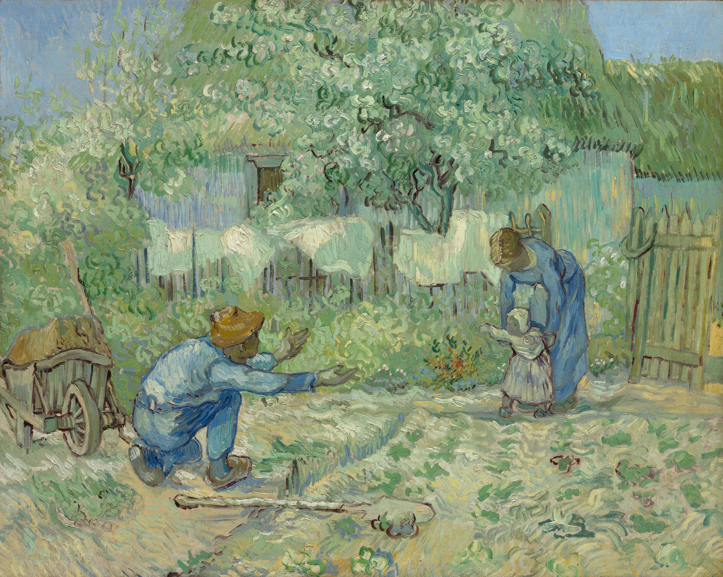 Szene einer Mutter, die ihrem Kind die ersten Schritte beibringt, gemalt von Vincent van Gogh im Jahr 1890, inspiriert von Jean-François Millet.