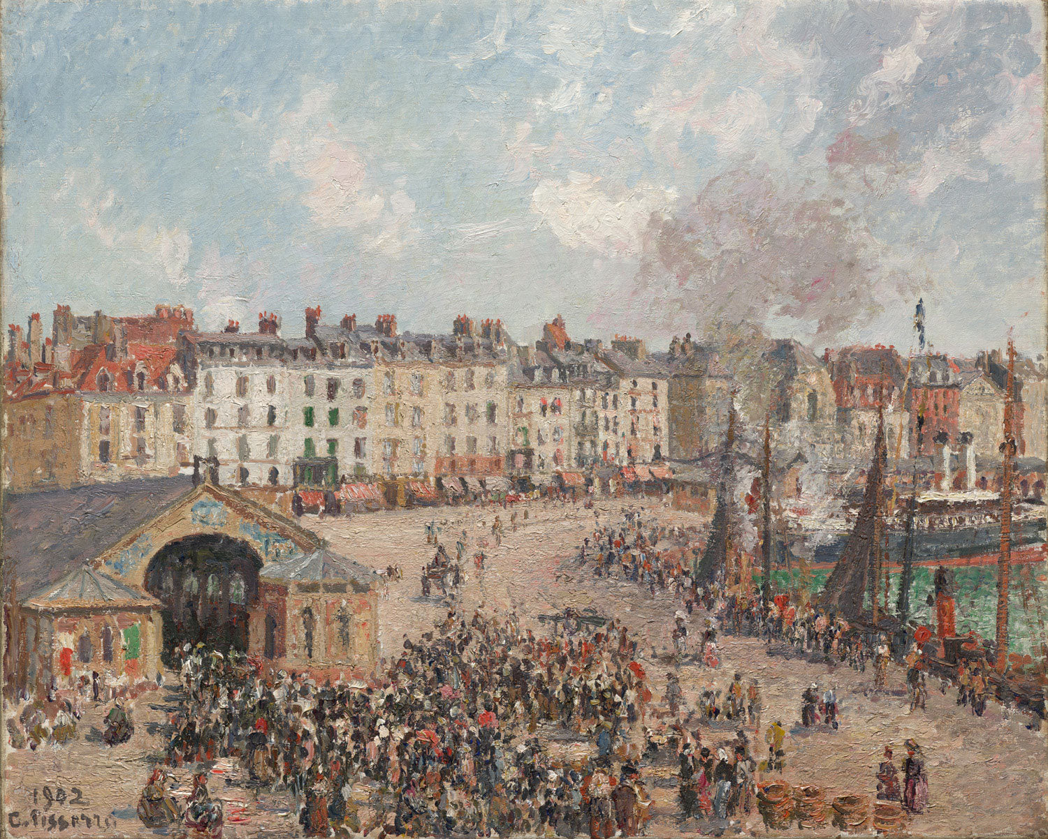 Der Bildalternativtext für das Gemälde "Fishmarket" von Camille Pissarro beschreibt eine belebte Fischmarktszene in Dieppe, die von Pissarro im Jahr 1902 im impressionistischen Stil eingefangen wurde. Der Markt ist voller lebendiger Farben und Details, die die Dynamik und das geschäftige Treiben des Ortes widerspiegeln.