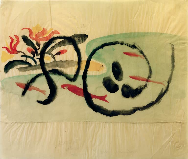 Kunstdruck des Gemäldes „Fischmuster, Entwurf für Stickerei“ von August Macke. Hochwertig in Deutschland von Hand gefertigt, erhältlich als Poster oder Leinwand und optional gerahmt.