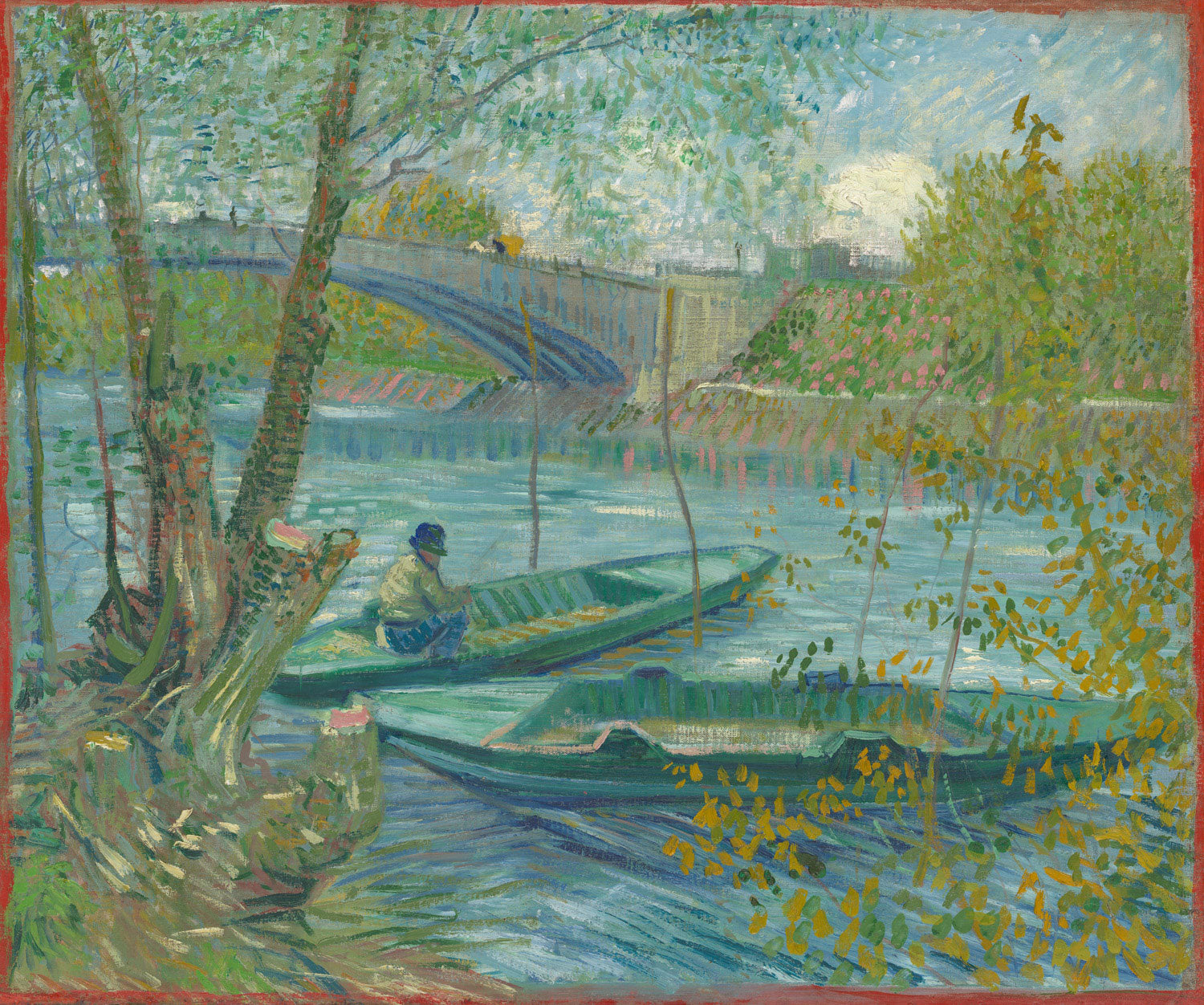 Impressionistische Darstellung eines Frühlingsnachmittags am Fluss Seine, mit zwei Fischern in einem Boot unter der Brücke von Clichy. Die Farben des Wassers und der Natur strahlen Frische und Ruhe aus, während Van Gogh seinen typischen dynamischen Pinselstrich und lebendige Farben verwendet.