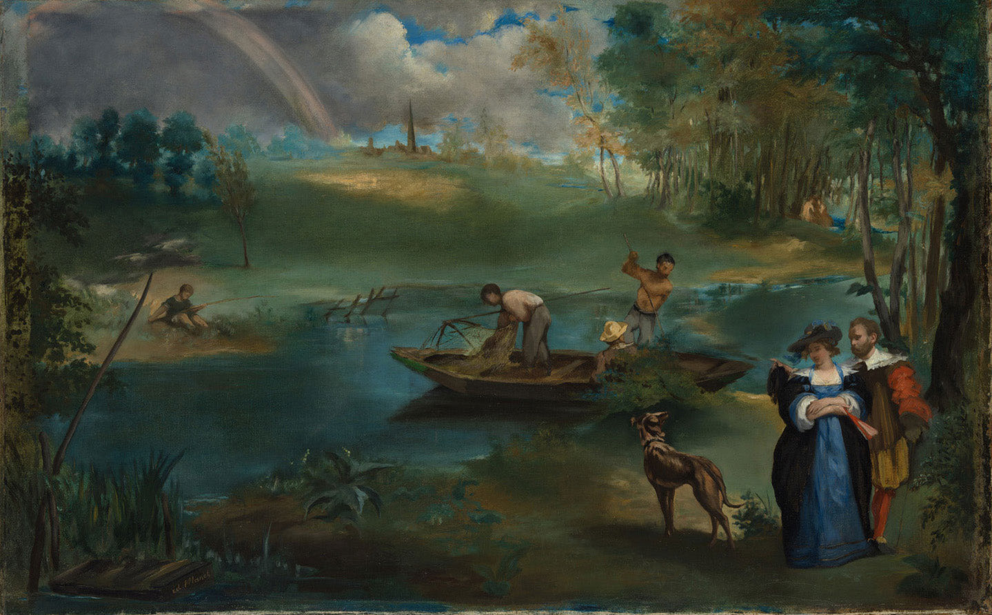 Édouard Manets „Angeln in St. Ouen“ zeigt einen Angler am Ufer eines Gewässers in entspannter Pose. Die impressionistische Malweise mit sanften Blau- und Grüntönen vermittelt eine ruhige, friedliche Atmosphäre. Das Gemälde fängt die natürliche Schönheit eines alltäglichen Moments ein.