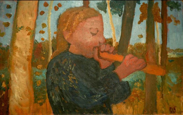 Kunstdruck von „Flöte blasendes Mädchen“ von Paula Modersohn-Becker. Ausdrucksstarke Darstellung eines musizierenden Mädchens mit charakteristischer Farbgebung, in Deutschland handgefertigt.
