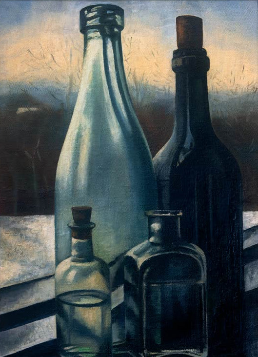 Kunstdruck „Flaschen vor Winterlandschaft“ von Charley Toorop mit Stillleben und verschneiter Landschaft