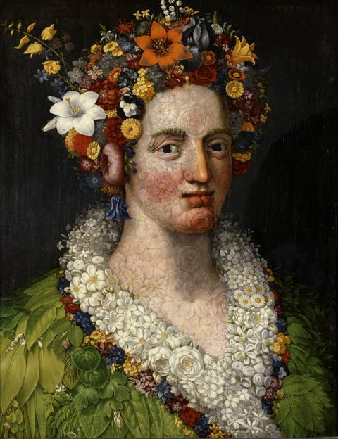 Kunstdruck „Flora“ von Giuseppe Arcimboldo mit einem kunstvollen Frauenporträt aus zahlreichen Blüten, Blättern und Pflanzen