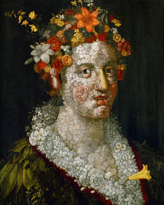 Kunstdruck „Flora“ von Giuseppe Arcimboldo mit einem fantasievollen Frauenporträt aus Blüten, Blättern und floralen Formen