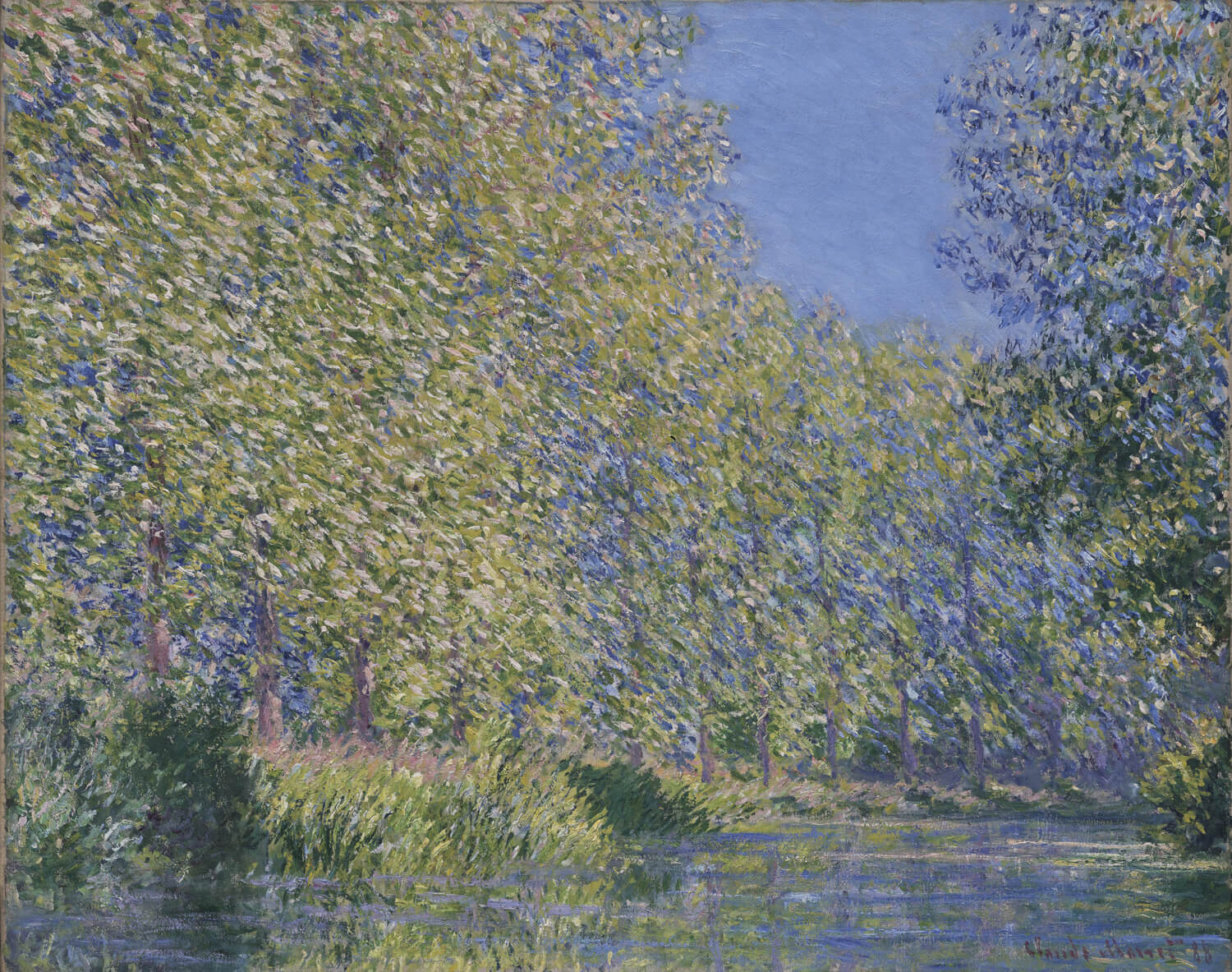 Impressionistische Landschaft mit der sanften Flussbiegung der Epte bei Giverny, umgeben von üppigem Grün und reflektierendem Wasser, gemalt von Claude Monet.