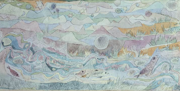 Kunstdruck des Gemäldes „Forellenbach, miniaturartig“ von Paul Klee – hochwertige Reproduktion eines detailreichen und poetischen Kunstwerks.