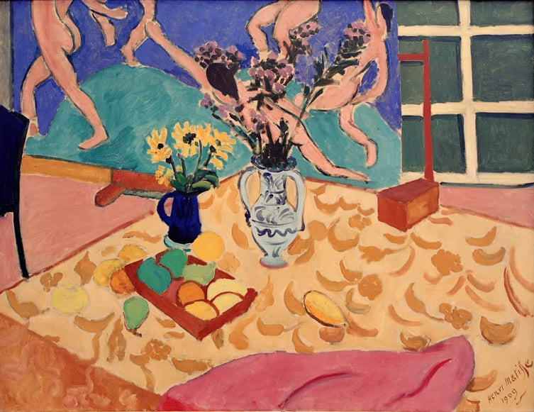Kunstdruck „Früchte, Blumen mit dem Bild Der Tanz“ von Henri Matisse mit farbenfroher Stillleben-Komposition